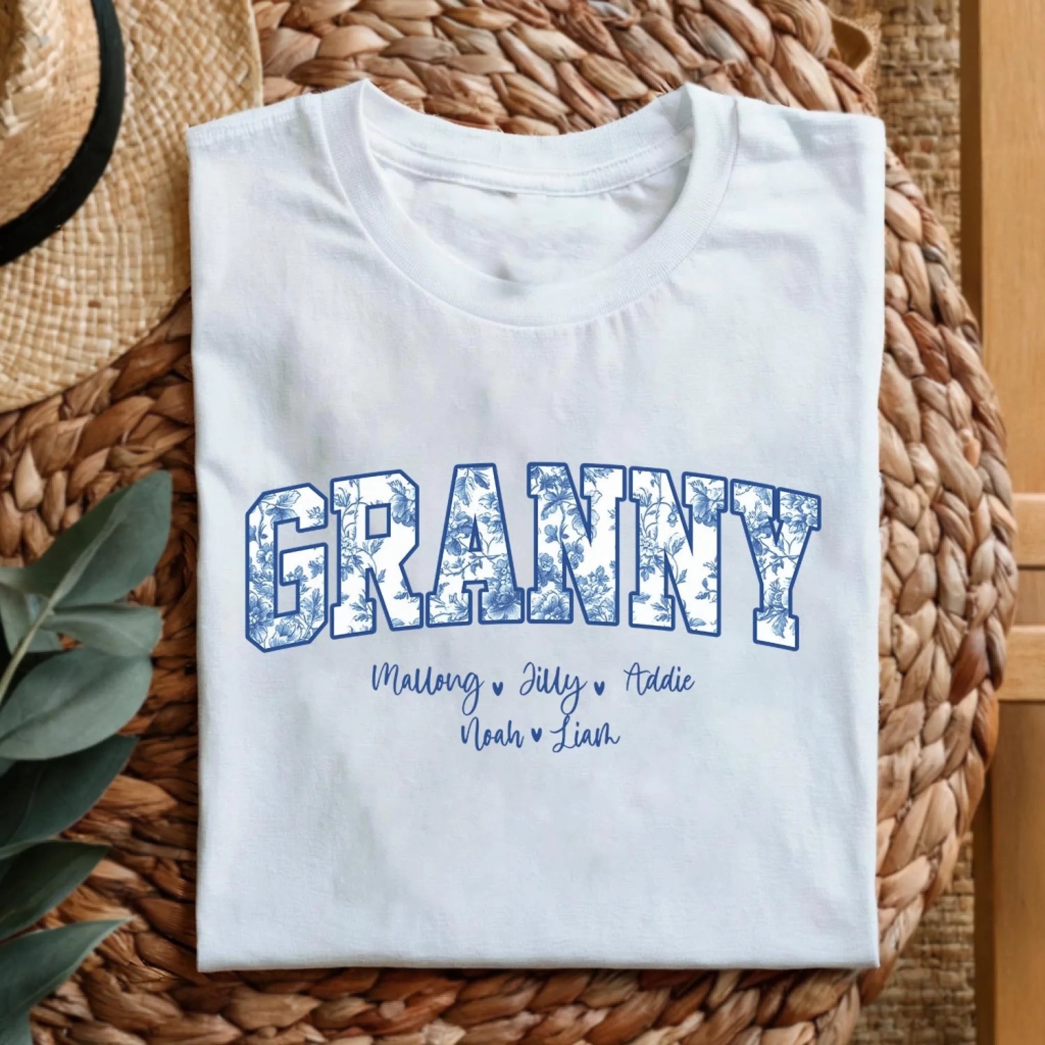 Grandma Blue Floral Toile De Jouy Version- Personalized T-Shirt, Gift For Grandma, Birthday Gift For Gigi/Nana/Mama/Mimi