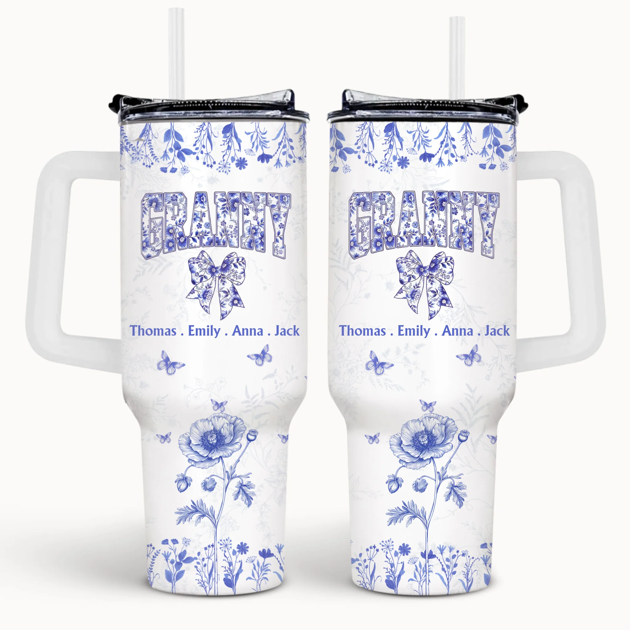 Blue Toile De Jouy Birth Flower Grandma - Personalized Tumbler 40oz, Custom Gift for Mom/Grandma