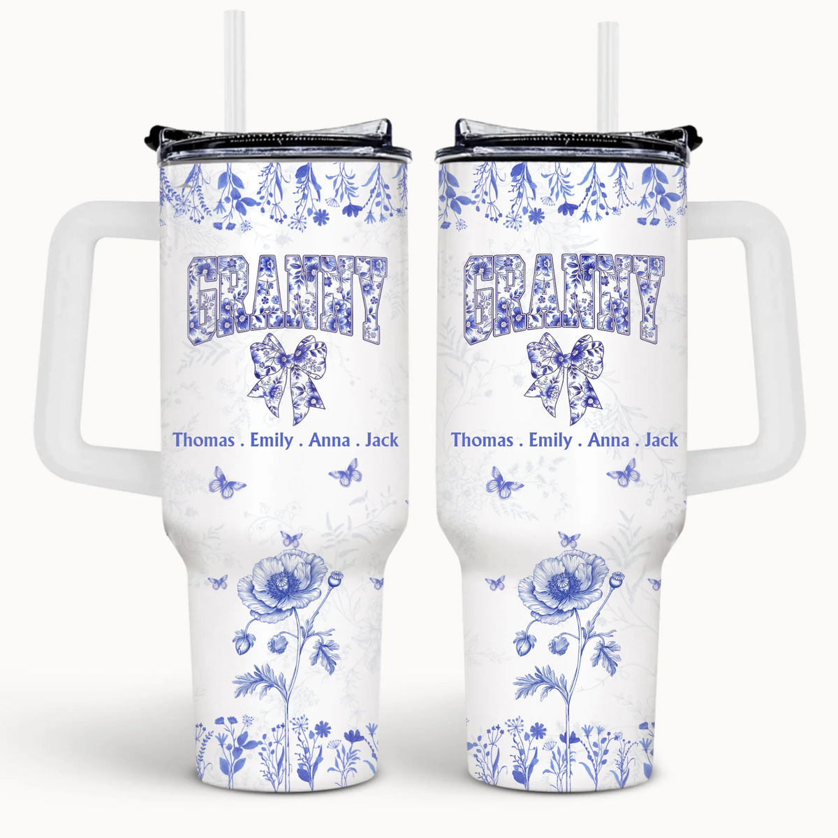 Blue Toile De Jouy Birth Flower Grandma - Personalized Tumbler 40oz, Custom Gift for Mom/Grandma