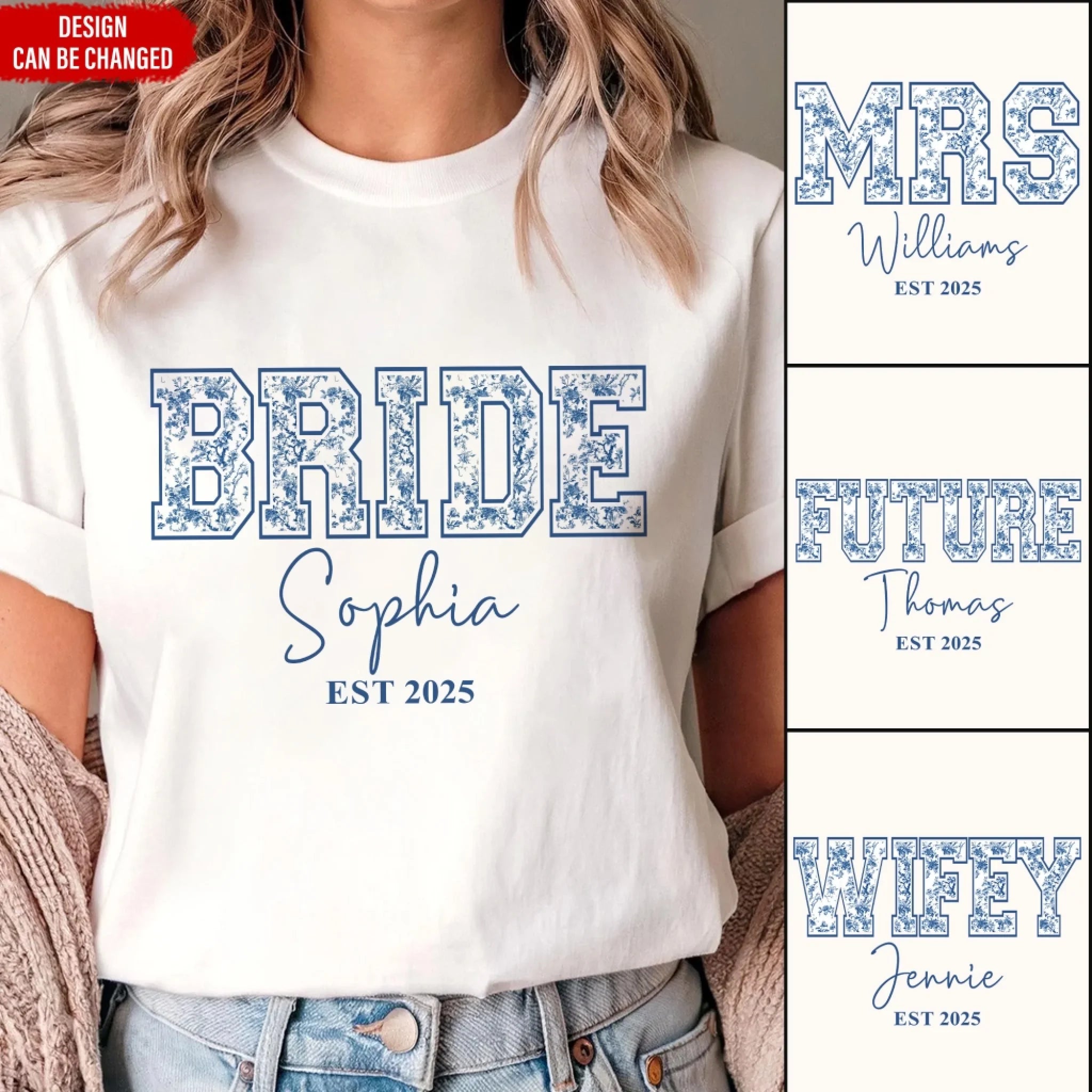 Future/Bride/Wifey/Mrs Blue Floral Toile De Jouy Version - Personalized T-Shirt, Gift For New Bride, Birthday Gift For Wife, Wedding Anniversary Gift