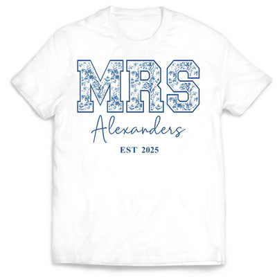 Future/Bride/Wifey/Mrs Blue Floral Toile De Jouy Version - Personalized T-Shirt, Gift For New Bride, Birthday Gift For Wife, Wedding Anniversary Gift