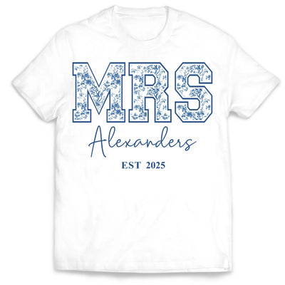 Future/Bride/Wifey/Mrs Blue Floral Toile De Jouy Version - Personalized T-Shirt, Gift For New Bride, Birthday Gift For Wife, Wedding Anniversary Gift