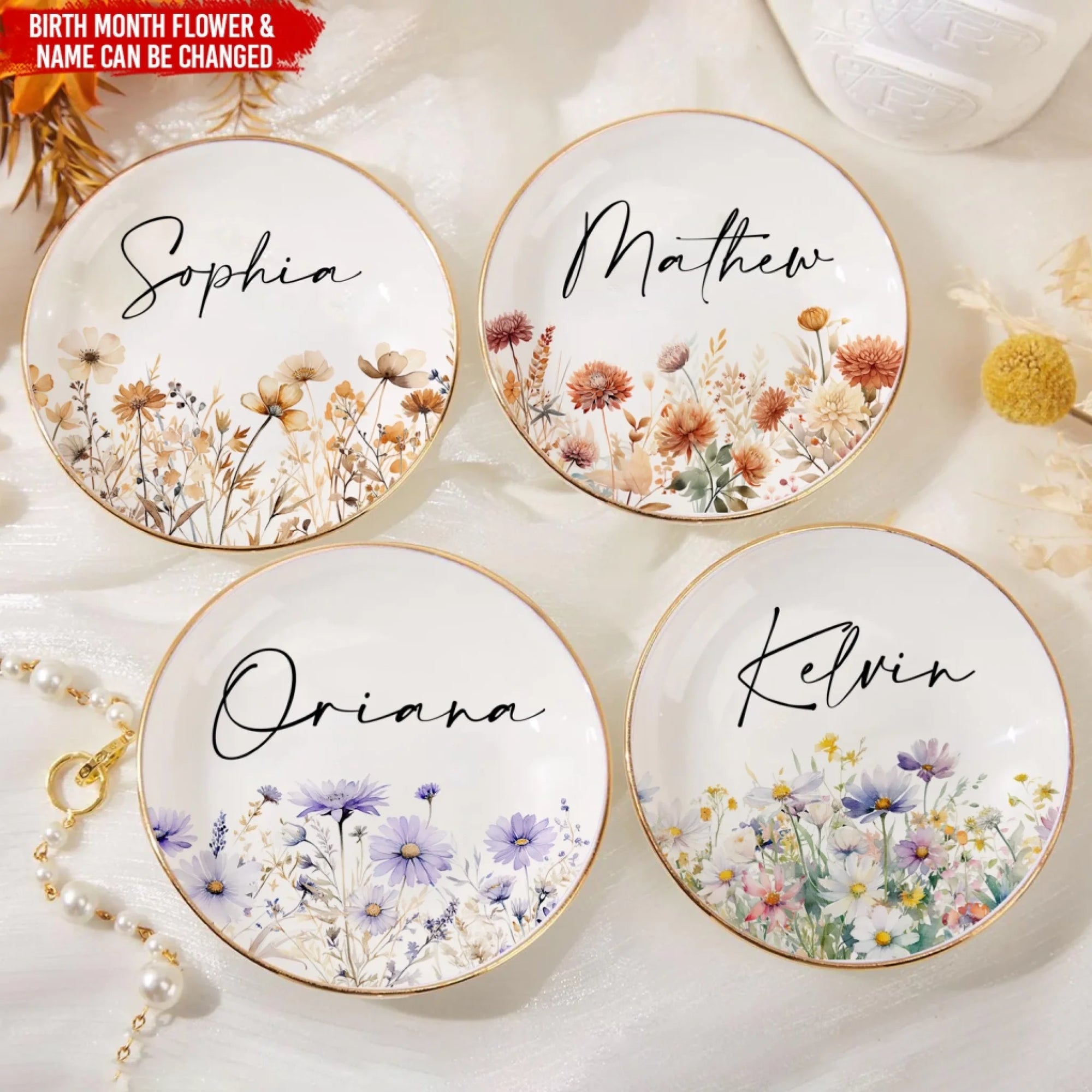 Birth Month Flower With Names - Personalized Jewelry Dish, Gift For Mom/ Grandma/Best Friend/Family