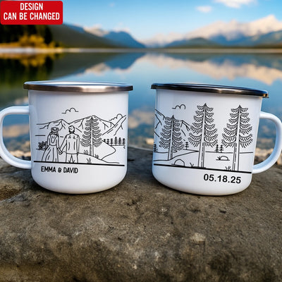 Wedding Couple Mountain Romantic - Personalized Camping Mug, Gift For Husband And Wife, Line Art Mug