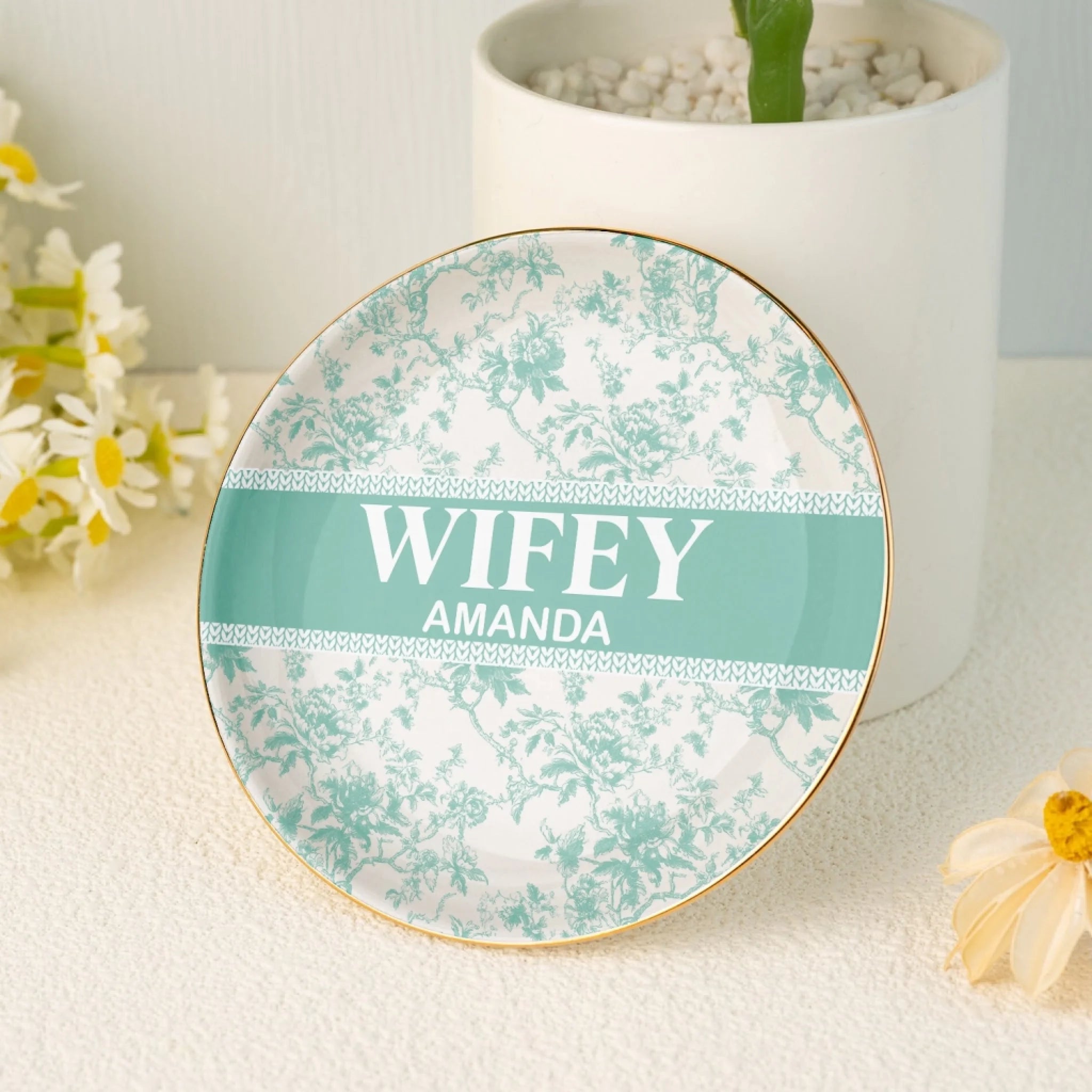 Toile Floral Jewelry Dish For Best Wife/Bride/Mrs - Personalized Jewelry Dish, Romantic Gift For Her, Birthday Gift