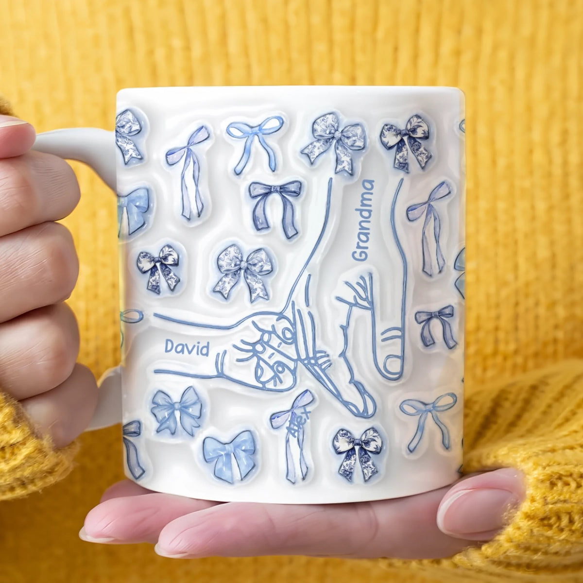 Hand In Hand Grandma and Grandkids Toile De Jouy Bow - Personalized 3D Effect Mug, Custom Gift for Grandma, Grandma's Gift, Vintage Coffee Mug