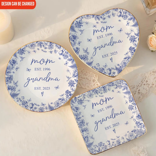 First Mom Now Grandma Blue Toile De Jouy - Personalized Jewelry Dish, Custom Gift for Grandma, Grandma Vintage Gift