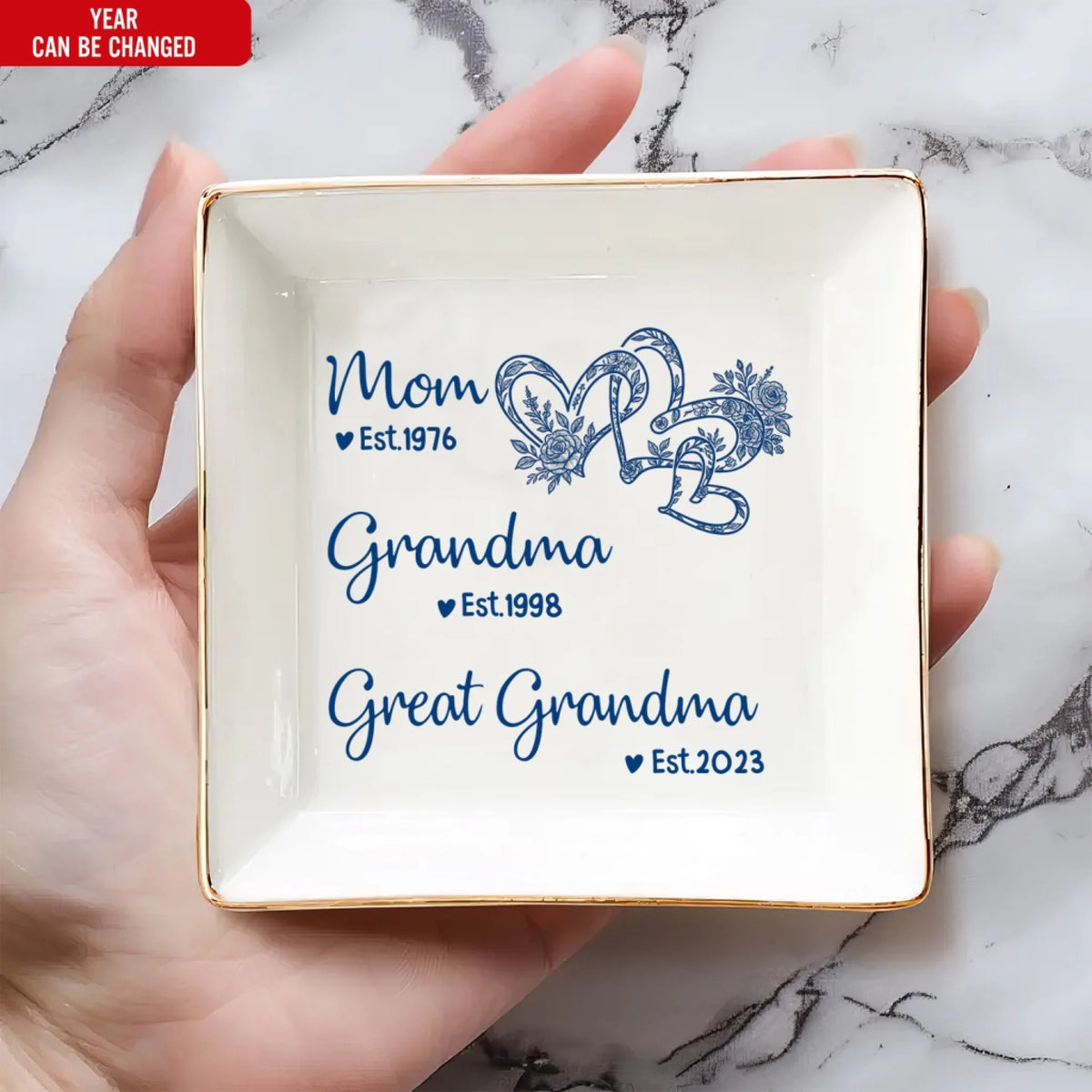 Mom Grandma Great Grandma Vintage Blue Toile De Jouy - Personalized Jewelry Dish, Custom Gift for Mom/Grandma, First Time Great Grandma Gift