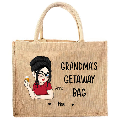 Grandma's Getaway Bag - Personalized Jute Tote Bag, Custom Gift for Mom/Grandma, Family Gift