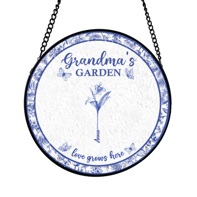 Grandma Garden Birth Month Flower Blue Toile De Jouy - Personalized Window Stained Glass, Gift For Grandma/ Mom