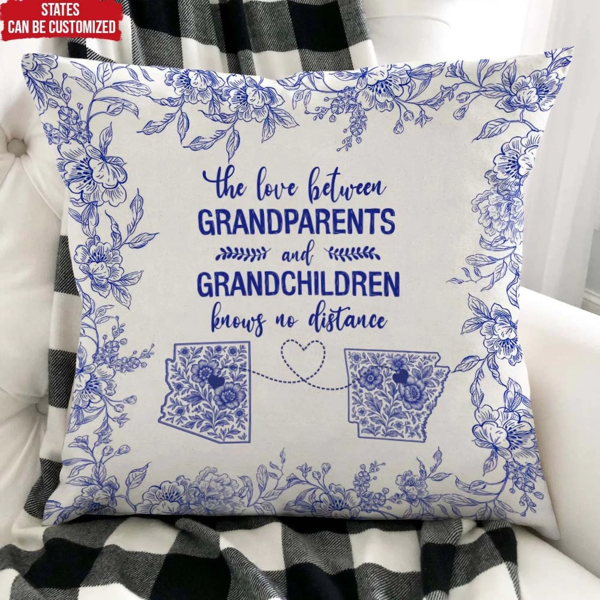 The Love Between Grandparents and Grandchildren Toile Floral Version - Personalized Pillow, Gift For Grandparents, State Map Heart Connection Gift