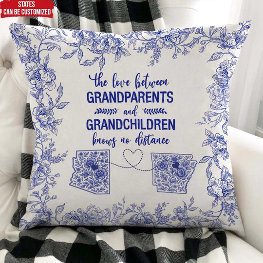 The Love Between Grandparents and Grandchildren Toile Floral Version - Personalized Pillow, Gift For Grandparents, State Map Heart Connection Gift