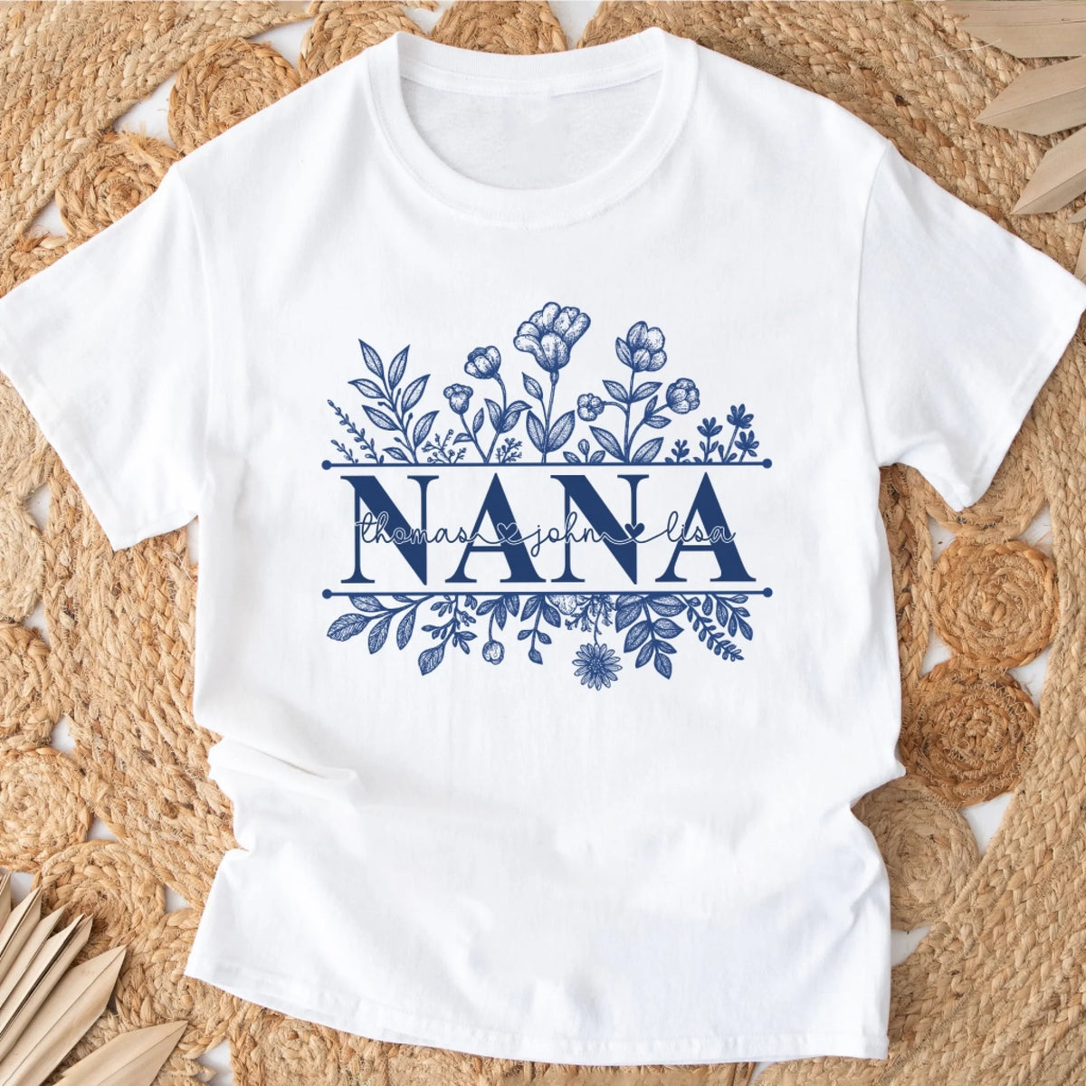Wildflowers Grandma And Her Grandkids - Personalized T-Shirt, Gift For Grandma, Blue Toile De Jouy Wildflowers Gift