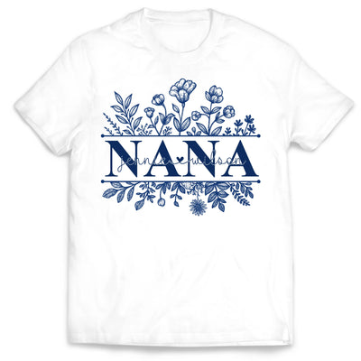Wildflowers Grandma And Her Grandkids - Personalized T-Shirt, Gift For Grandma, Blue Toile De Jouy Wildflowers Gift