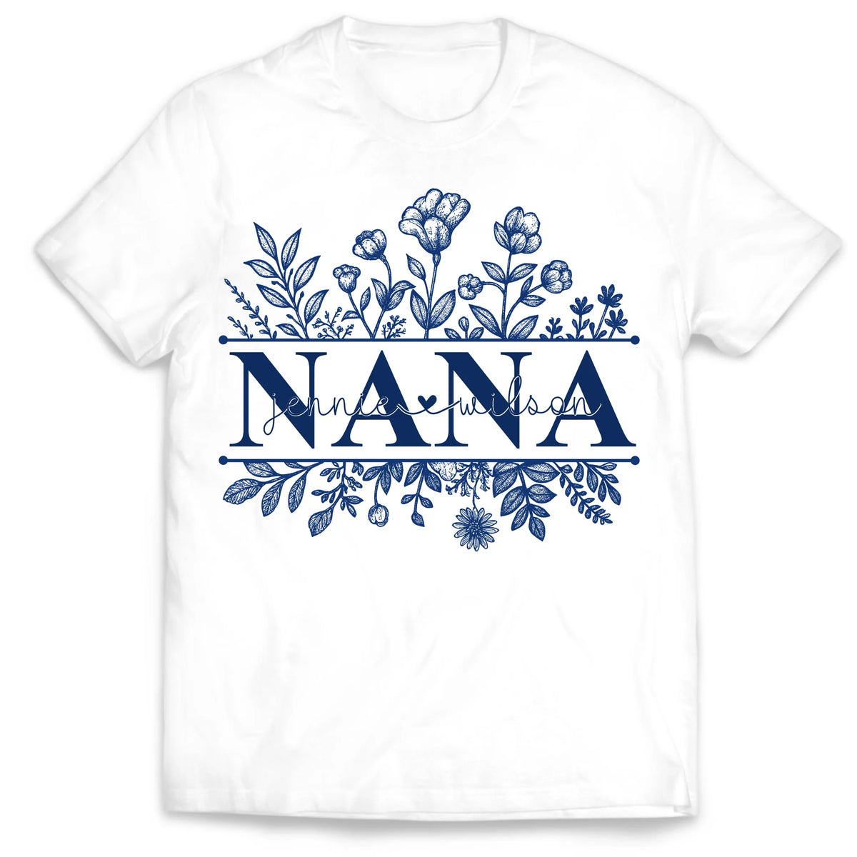 Wildflowers Grandma And Her Grandkids - Personalized T-Shirt, Gift For Grandma, Blue Toile De Jouy Wildflowers Gift