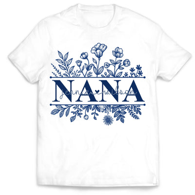 Wildflowers Grandma And Her Grandkids - Personalized T-Shirt, Gift For Grandma, Blue Toile De Jouy Wildflowers Gift