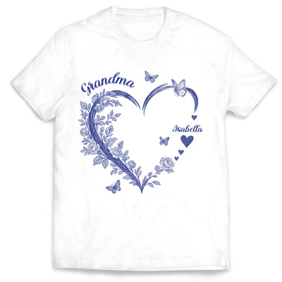 Grandma and Grandkids, Forever In Grandma's Heart - Personalized T-Shirt, Gift For Grandma, Blue Toile De Jouy Shirt