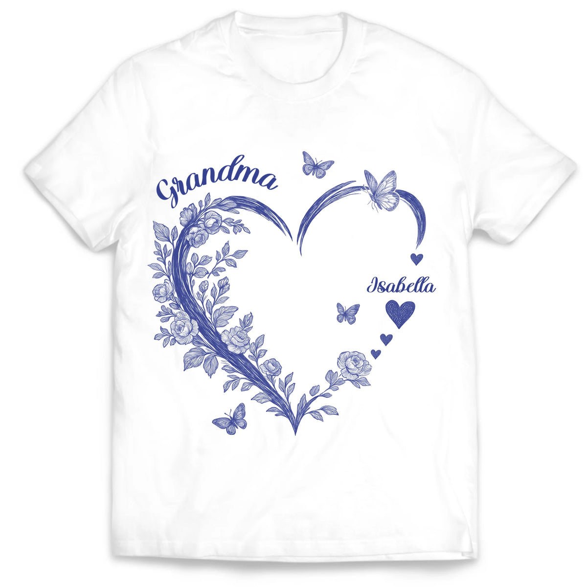 Grandma and Grandkids, Forever In Grandma's Heart - Personalized T-Shirt, Gift For Grandma, Blue Toile De Jouy Shirt