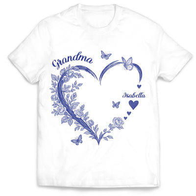 Grandma and Grandkids, Forever In Grandma's Heart - Personalized T-Shirt, Gift For Grandma, Blue Toile De Jouy Shirt