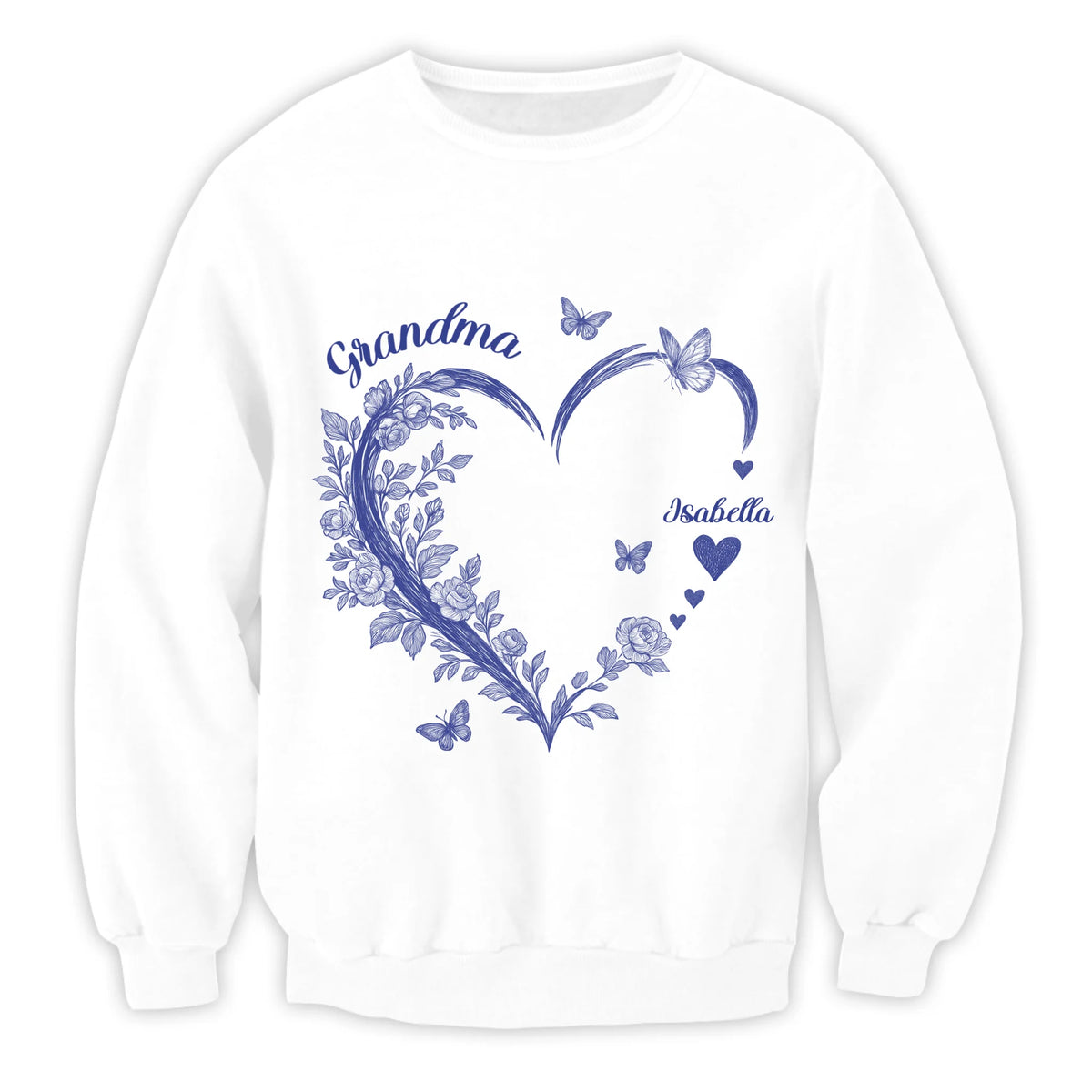 Grandma and Grandkids, Forever In Grandma's Heart - Personalized T-Shirt, Gift For Grandma, Blue Toile De Jouy Shirt