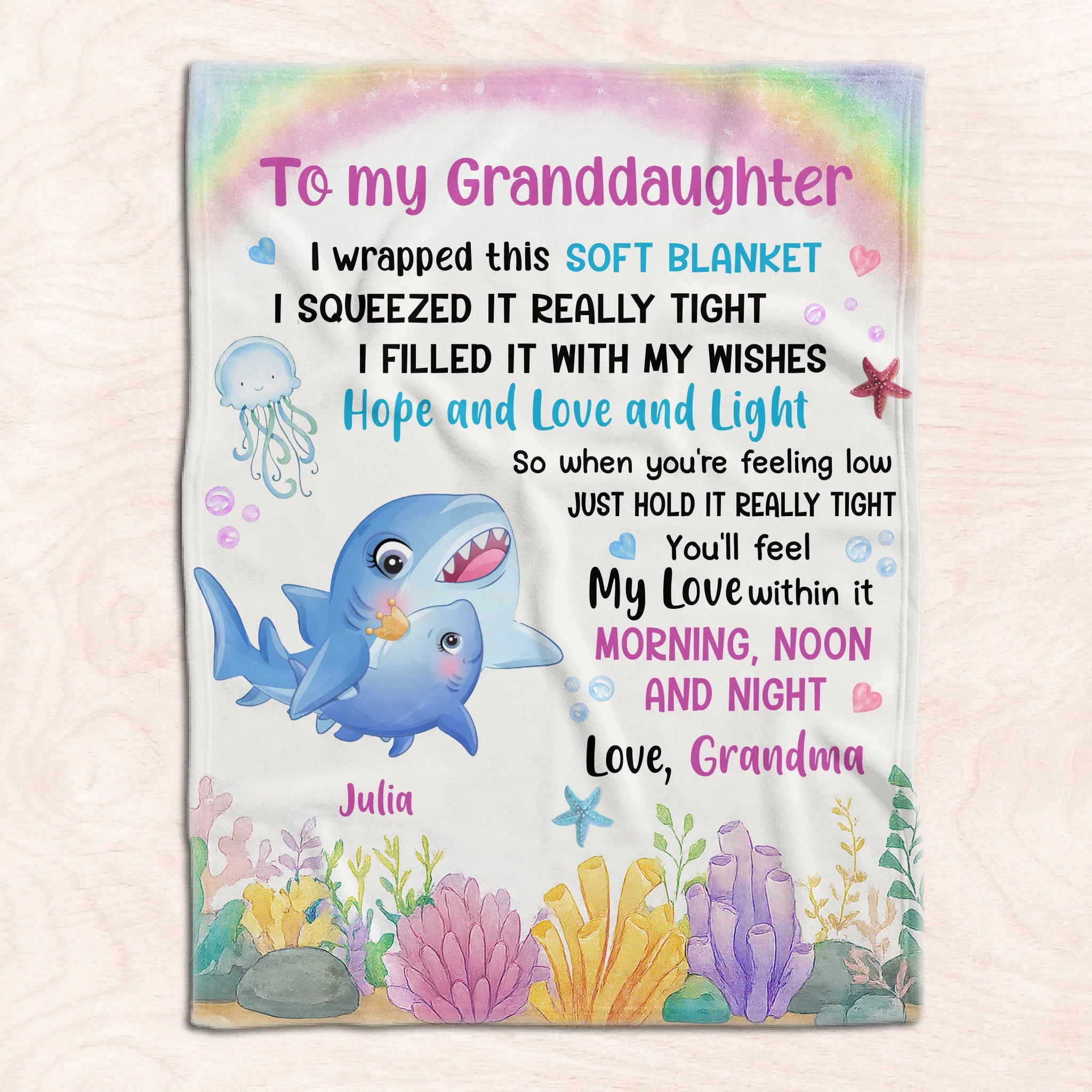 To My Granddaughter/Grandson Sea Animal Wrapped This Blanket - Personalized Blanket, Gift For Grandkids, Perfect Gift From Grandparent