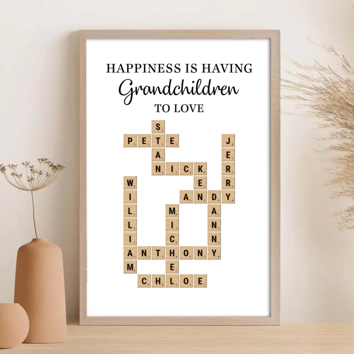 Happiness Is Having Grandchildren to Love - Personalized Poster, Family Puzzle Crossword Art, Grandparents Gifts