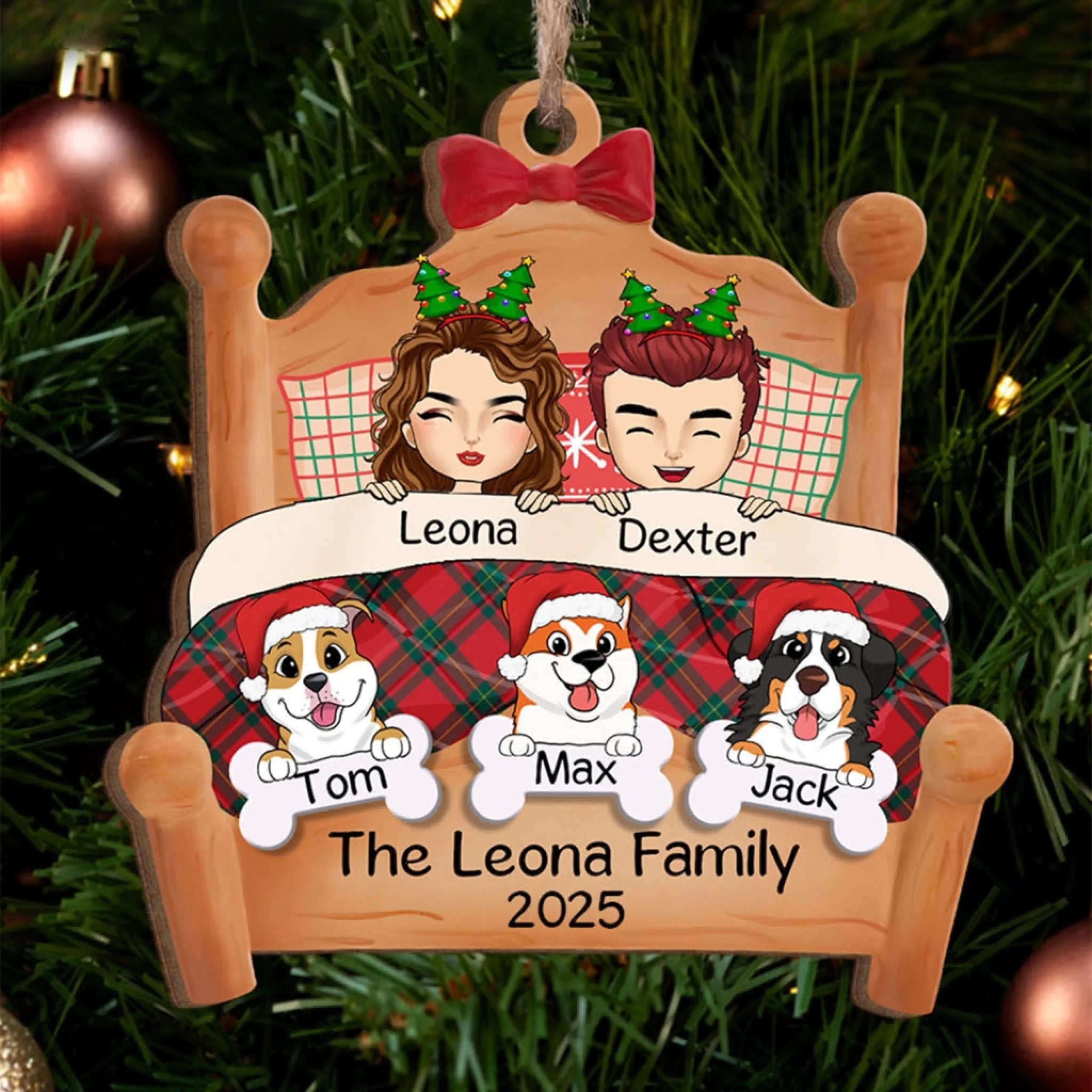 Personalized Couple Snuggled In Bed With Pets - Personalized Couple Ornament, Christmas Gift, ORN20