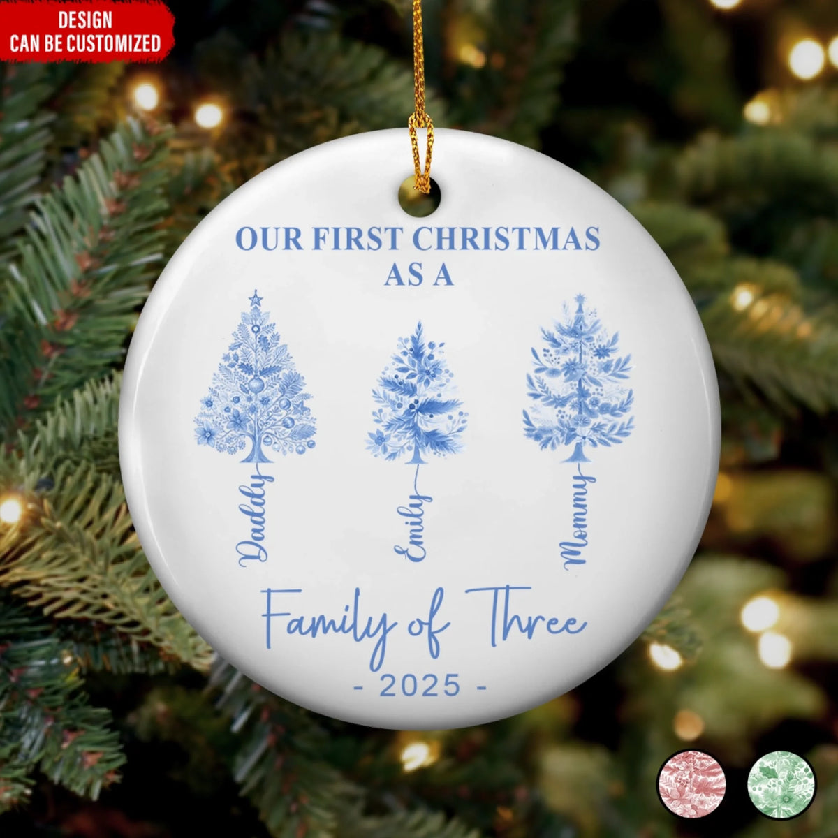 Our First Christmas As A Family Chinoiseries Toile Version - Personalized Ceramic Ornament, Family Gift