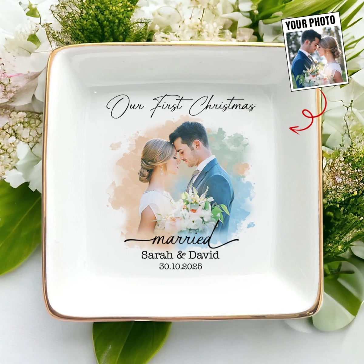 Couples Photo, Our First Christmas - Personalized Jewelry Dish, Gift For Couples