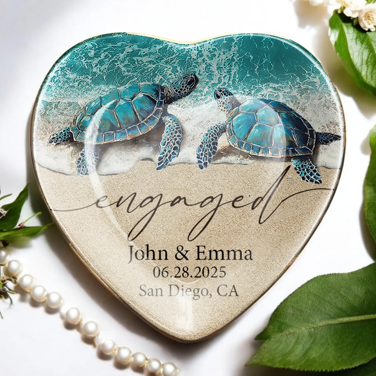 Turtle Couple Engaged - Personalized Jewelry Dish, Couple Beach Ring Dish, Gift for Her, Engaged Gift