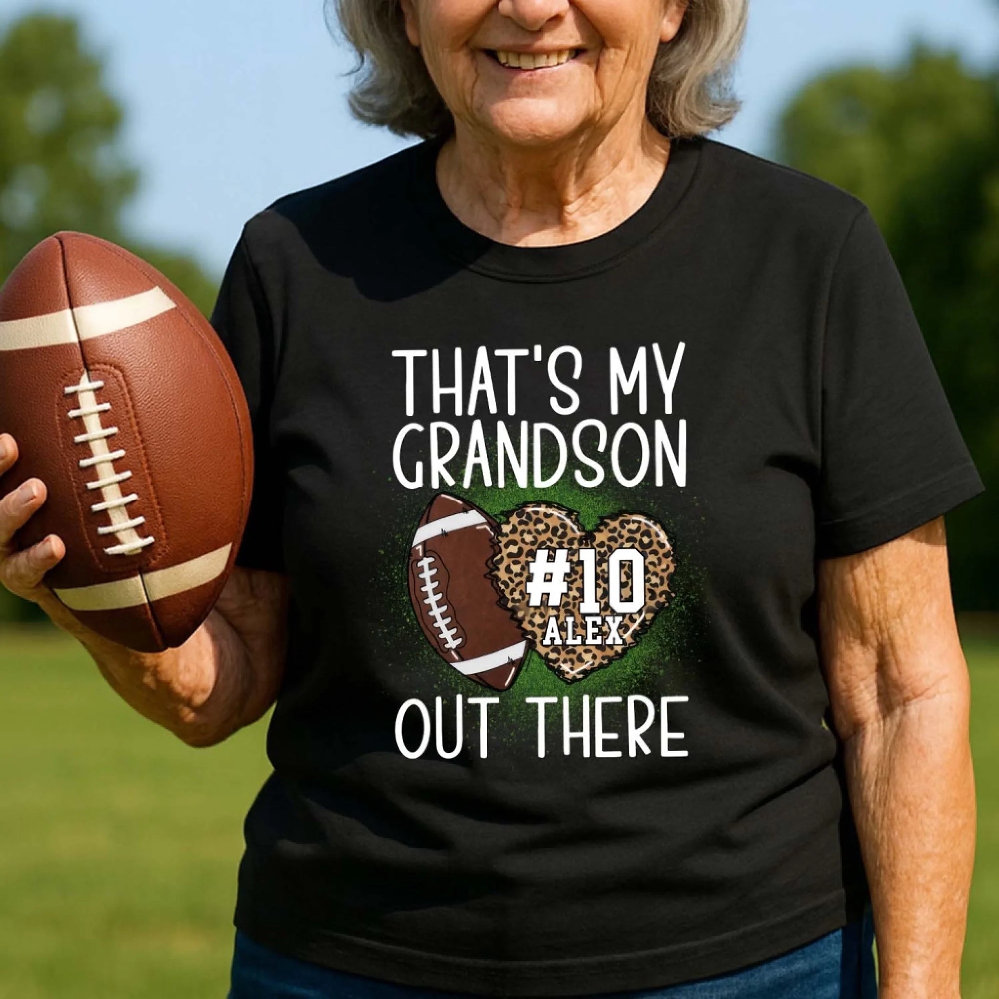 That's My Grandson Out There Leopard - Personalized T-Shirt, Gift For Football Grandpa/ Grandma/ Grandparents