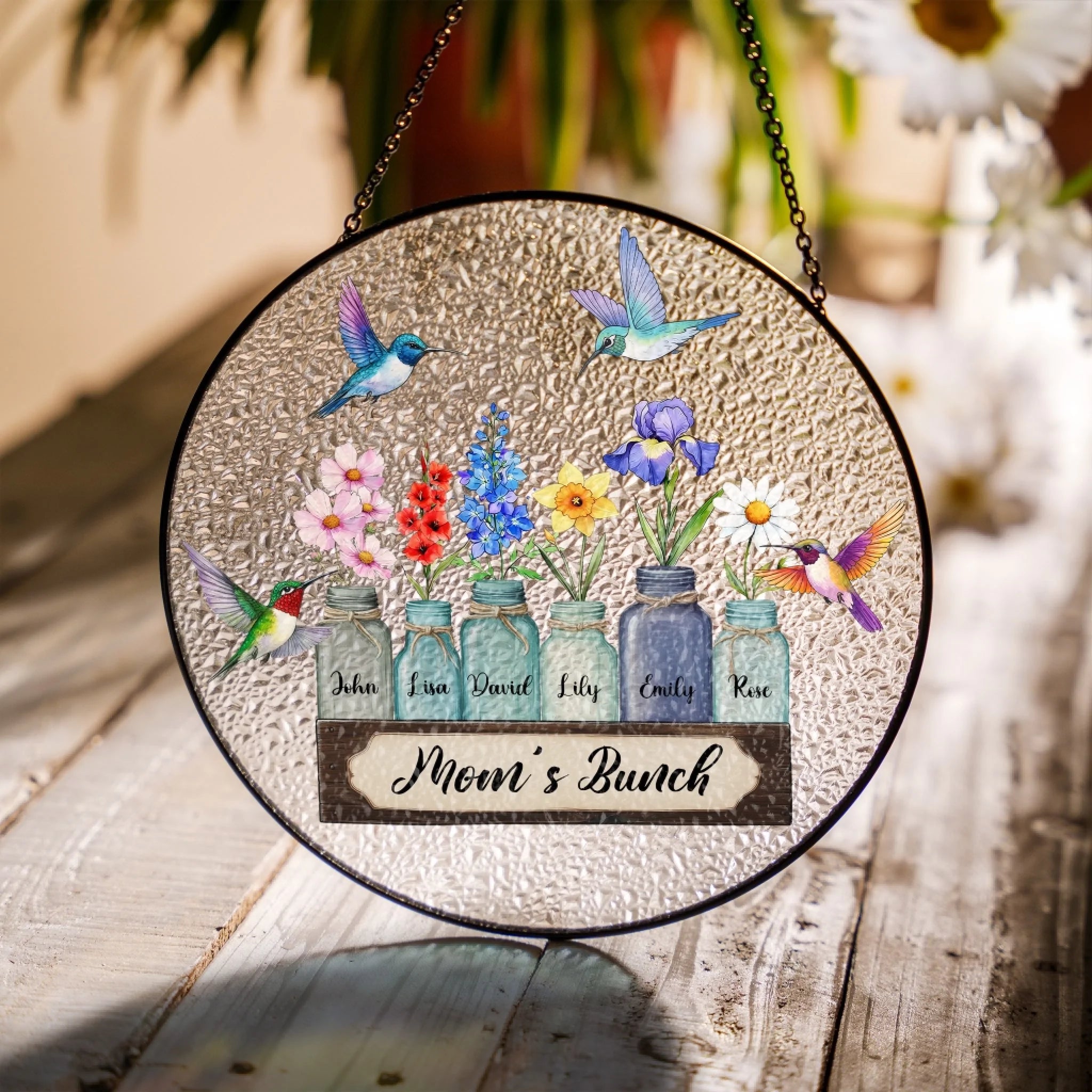 Mom’s Flower Bunch Suncatcher – Personalized Window Stained Glass, Custom Gift For Mother
