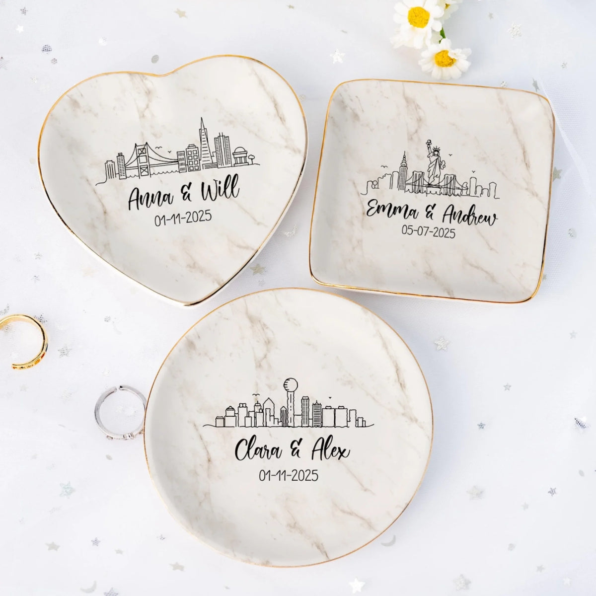 City Skyline Engagement - Personalized Jewelry Dish, Engagement Gift, Marble Ring Dish Gift for Bride