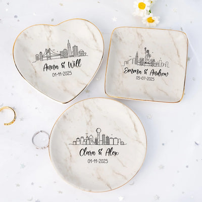 City Skyline Engagement - Personalized Jewelry Dish, Engagement Gift, Marble Ring Dish Gift for Bride