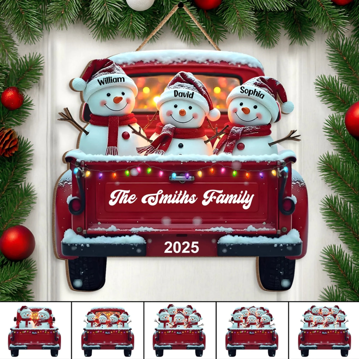 Snowman Family Red Truck Christmas Decoration mk thumb