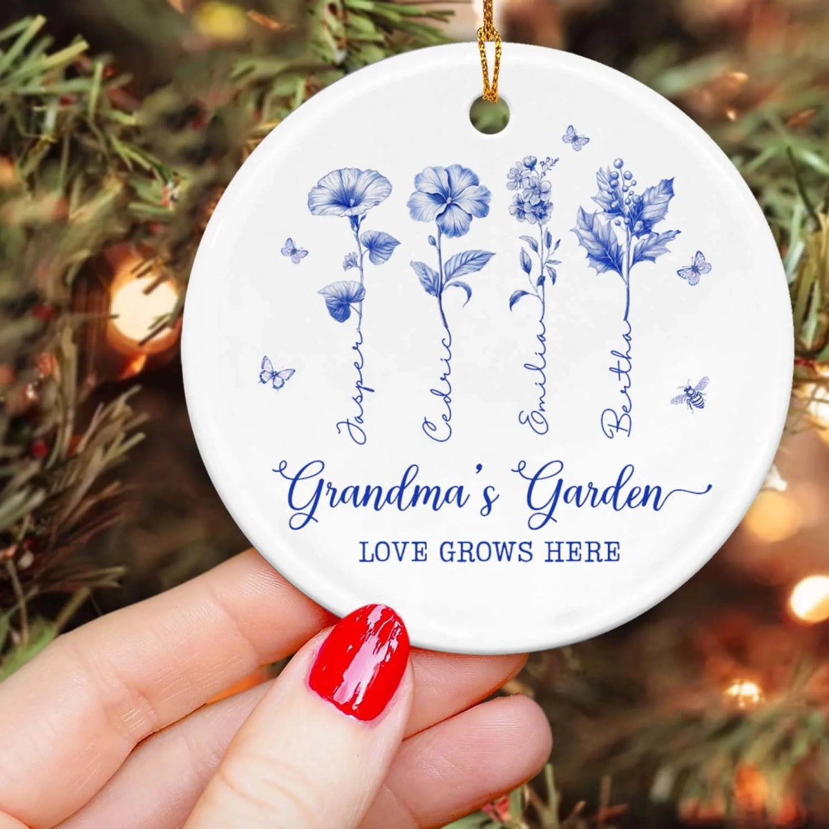 Grandma's Garden Toile De Jouy Birth Flowers - Personalized Ceramic Ornament, Gift for Grandma/Mom