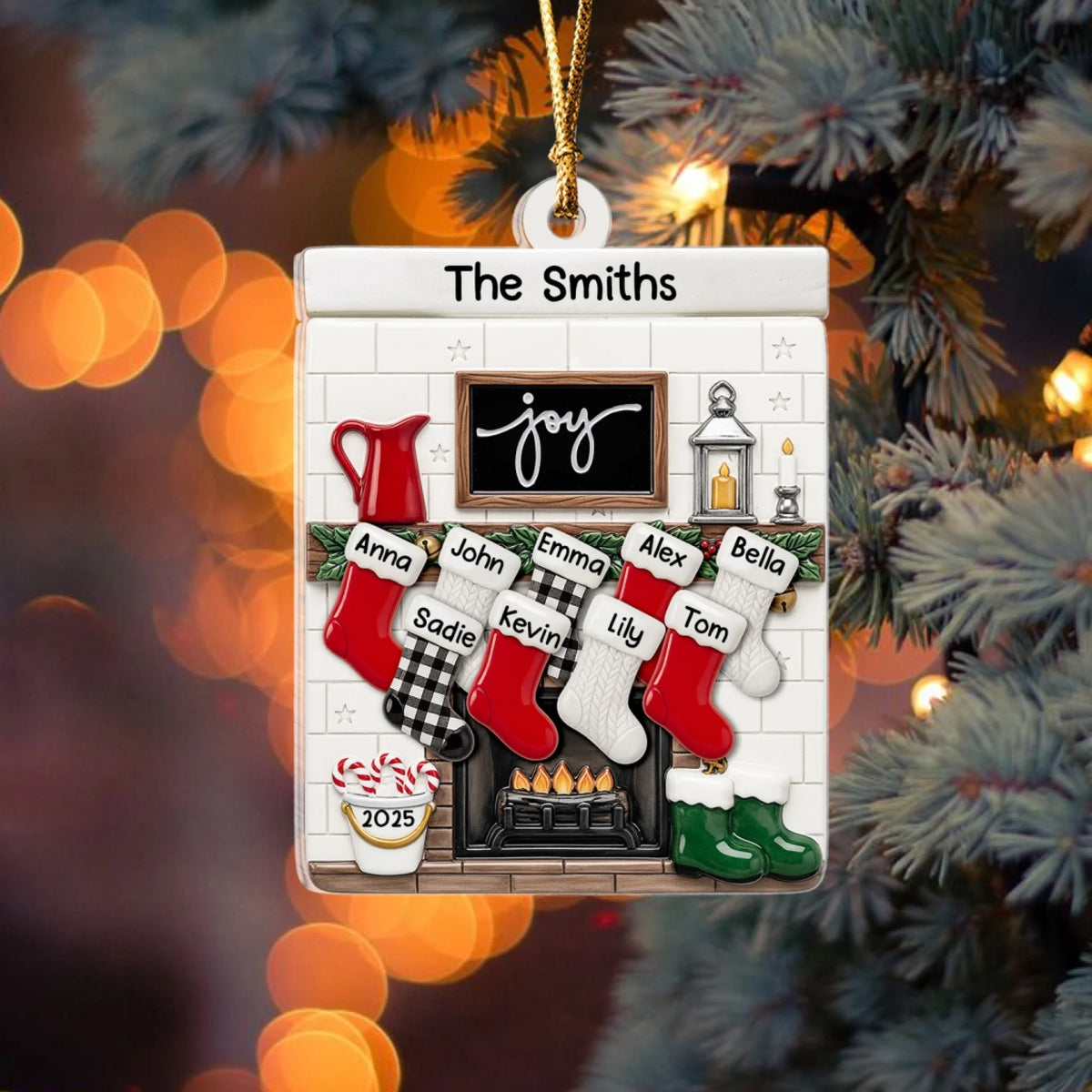 Fireplace Mantel Family Stocking Ornament - Personalized Ceramic Ornament, Family Gift, Christmas Decor