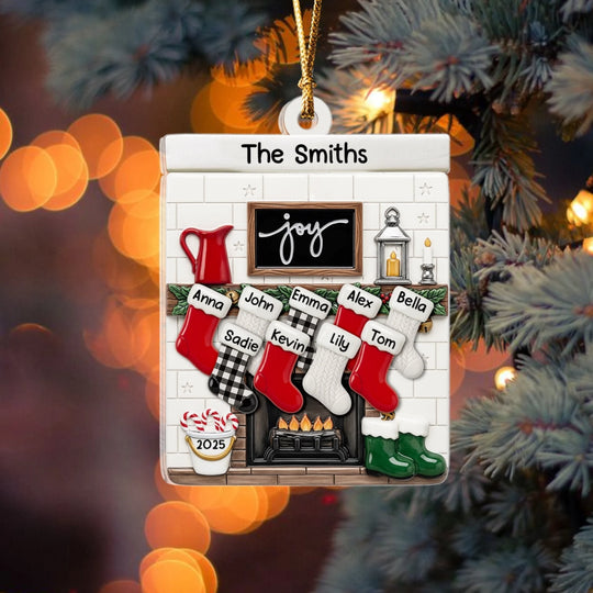 Fireplace Mantel Family Stocking Ornament - Personalized Ceramic Ornament, Family Gift, Christmas Decor