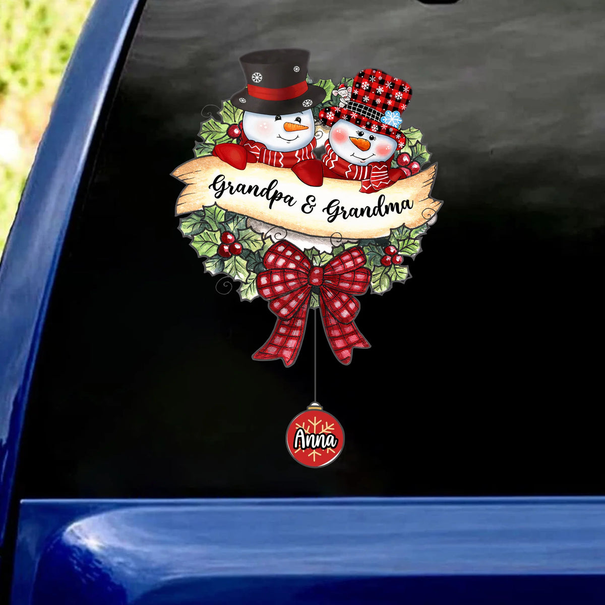 Grandma Grandpa Christmas Ball Kids - Personalized Decal, Snowman Family