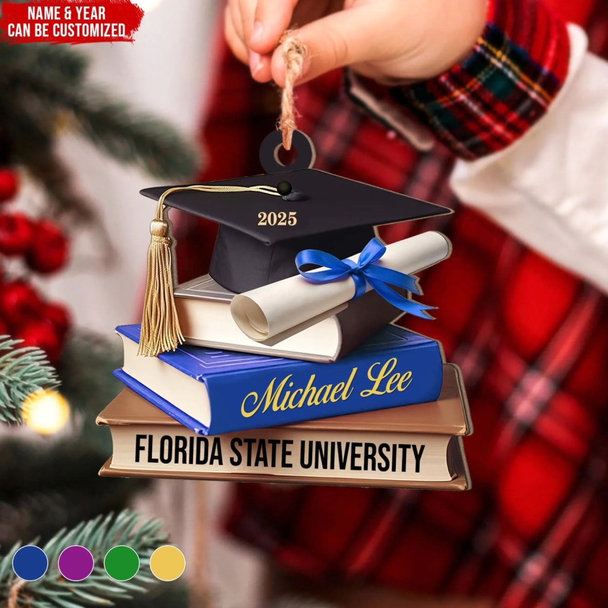 Custom School Graduation Cap With Books - Personalized Wooden Ornament, Grad Gift