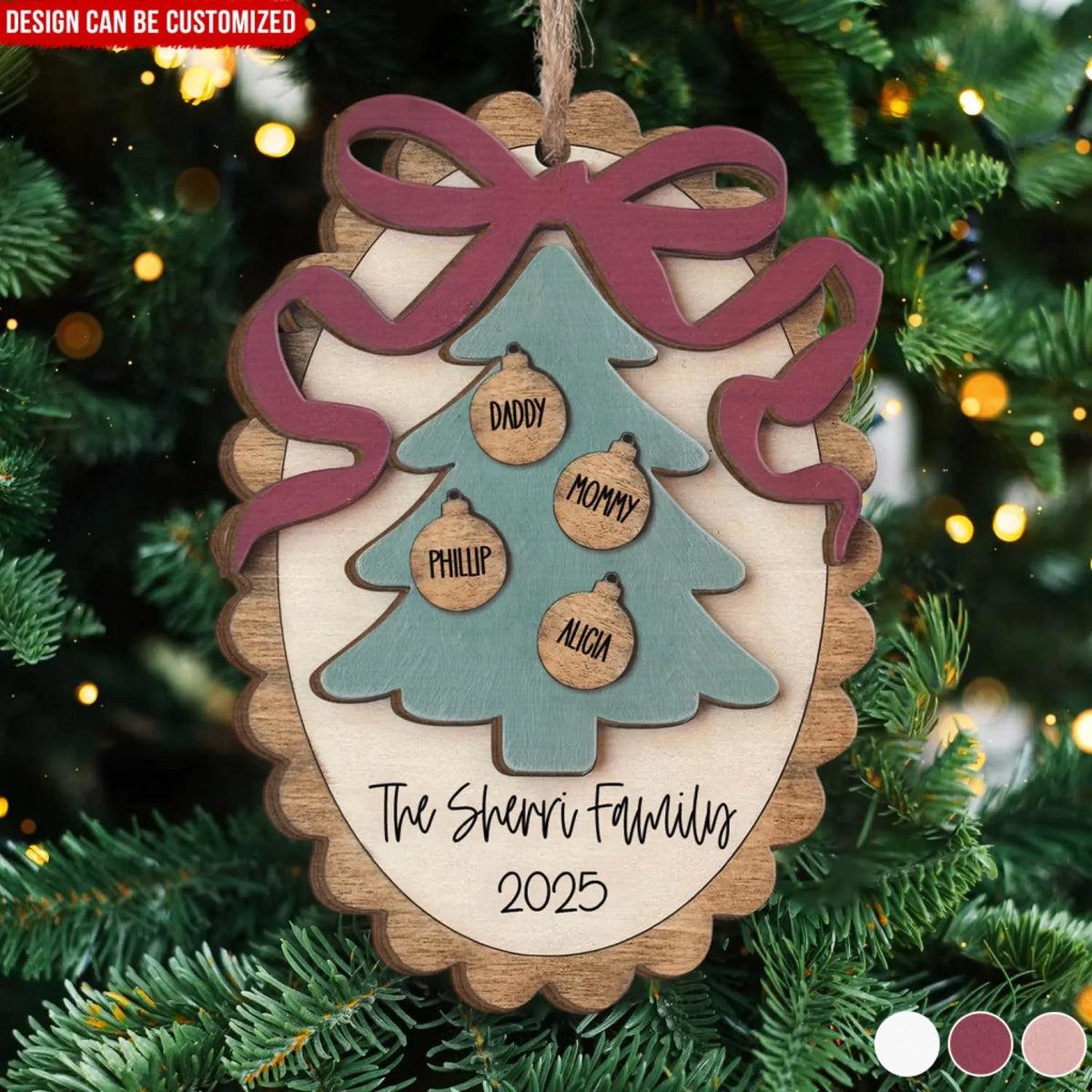 Wooden Tree With Names And Bow - Personalized 2 Layer Wooden Ornament, Family Keepsake Gift