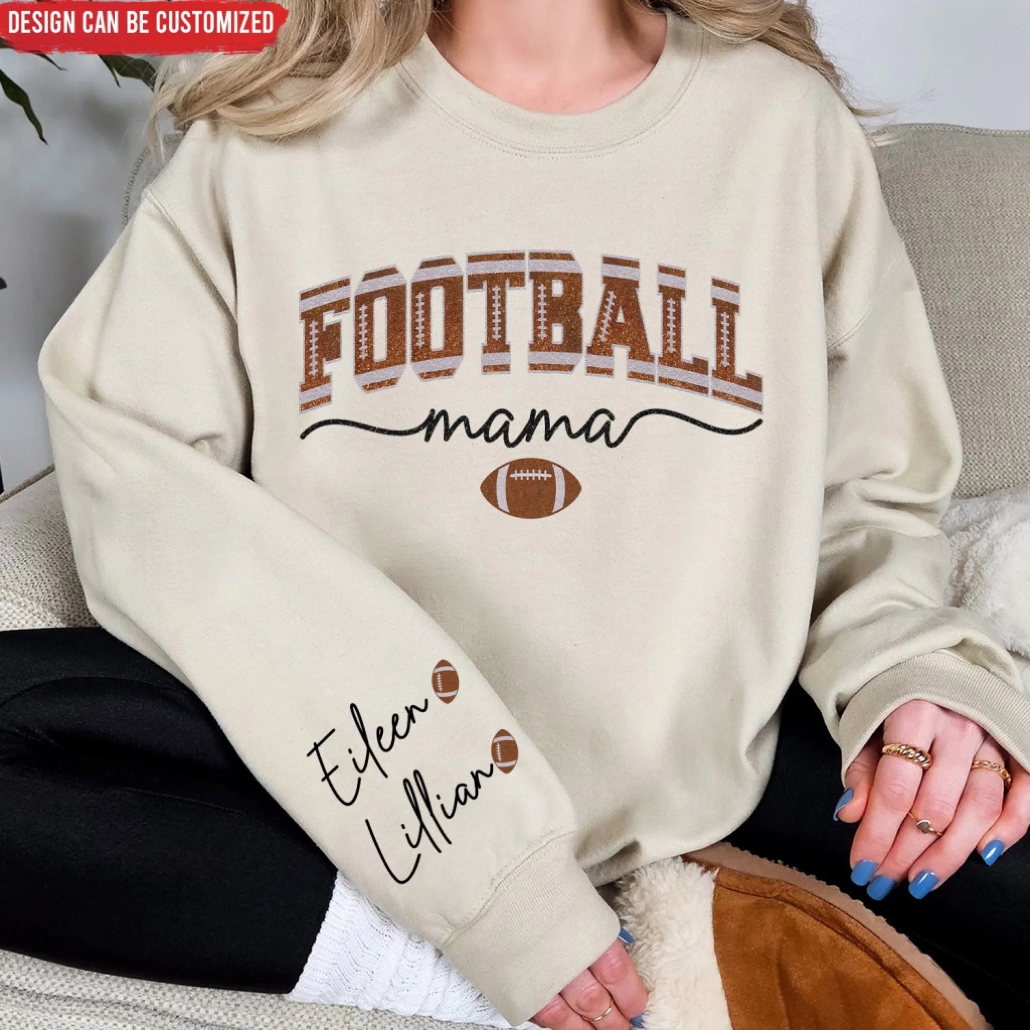 Football Mama Glitter - Personalized Sleeve Print Sweatshirt, Game Day Sweatshirt, Football Mom/Grandma Sweater