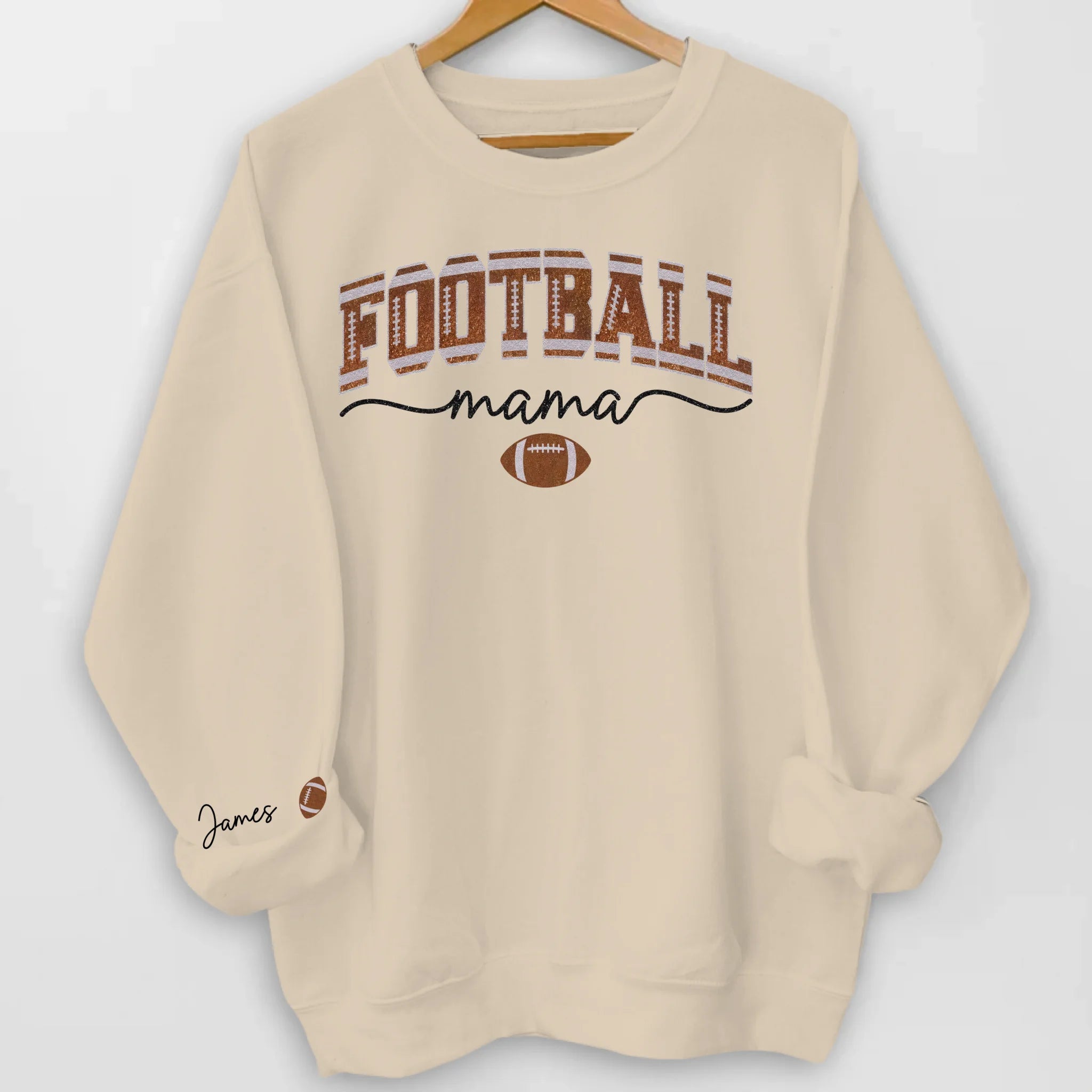 Football Mama Glitter - Personalized Sleeve Print Sweatshirt, Game Day Sweatshirt, Football Mom/Grandma Sweater