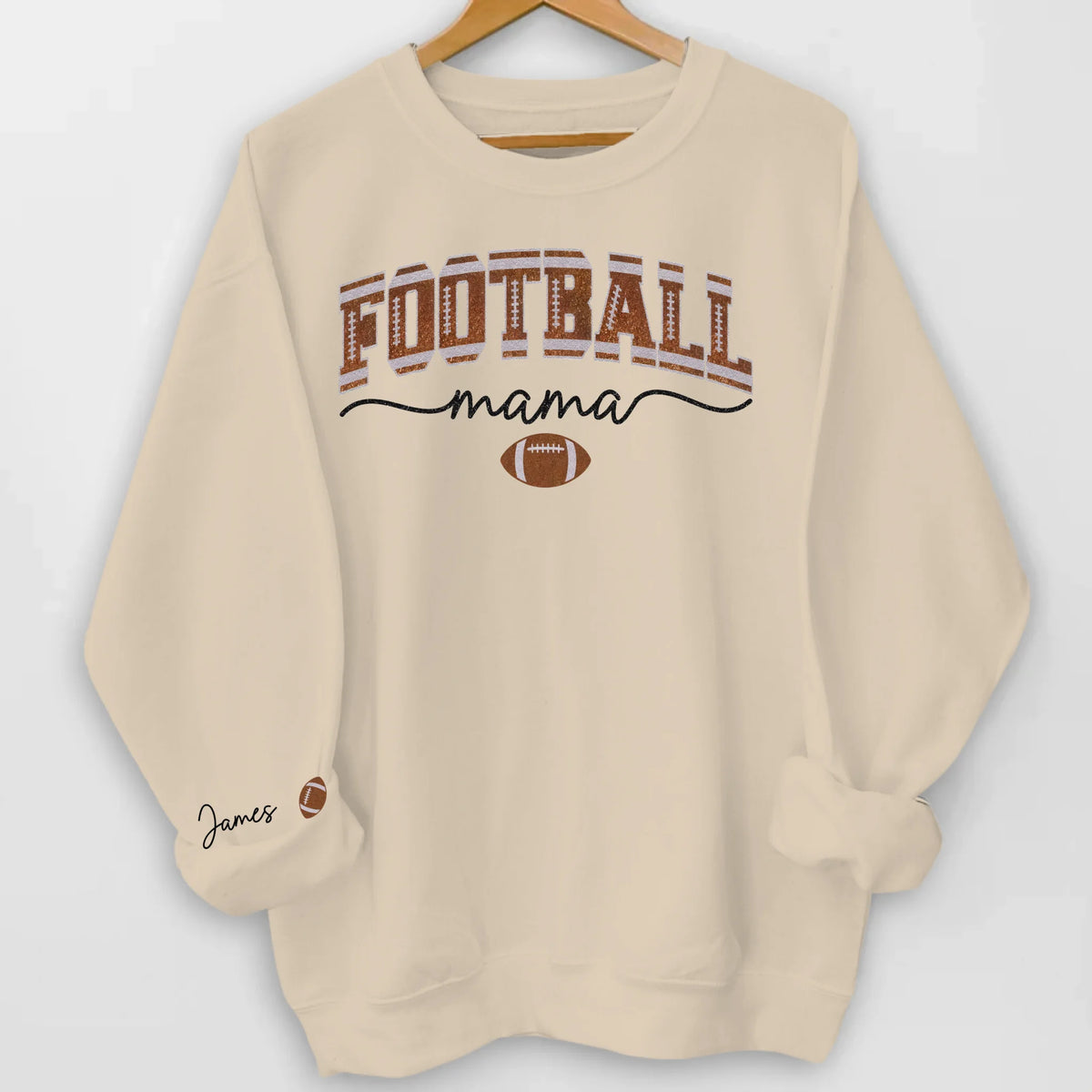 Football Mama Glitter - Personalized Sleeve Print Sweatshirt, Game Day Sweatshirt, Football Mom/Grandma Sweater