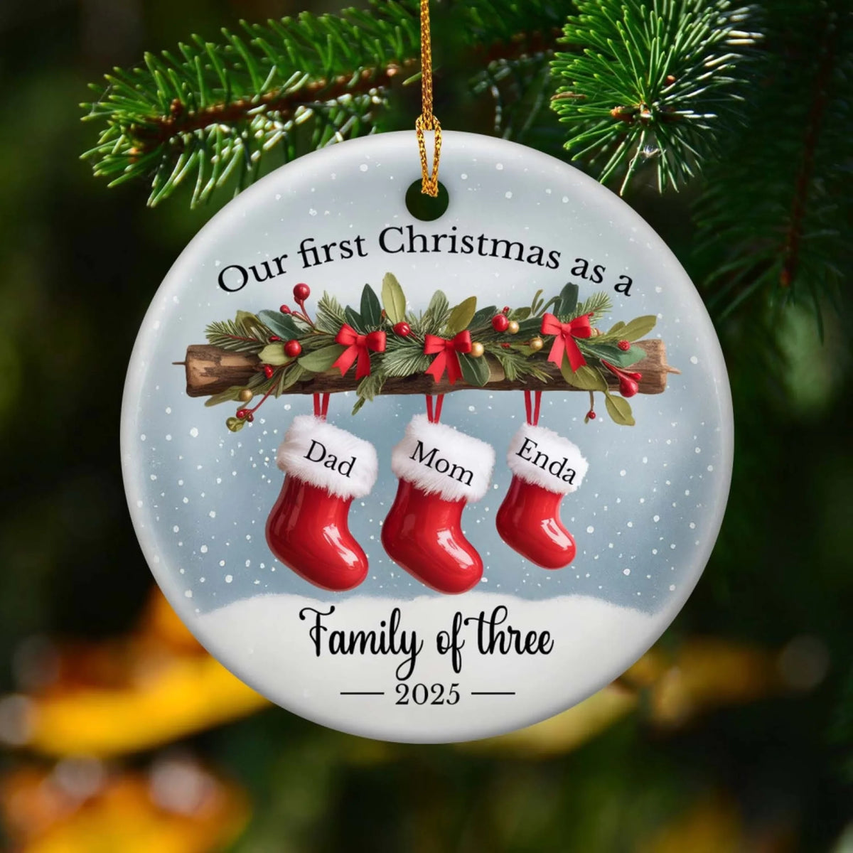 New Family First Christmas Family Of Three - Personalized Ceramic Ornament, Family Gift