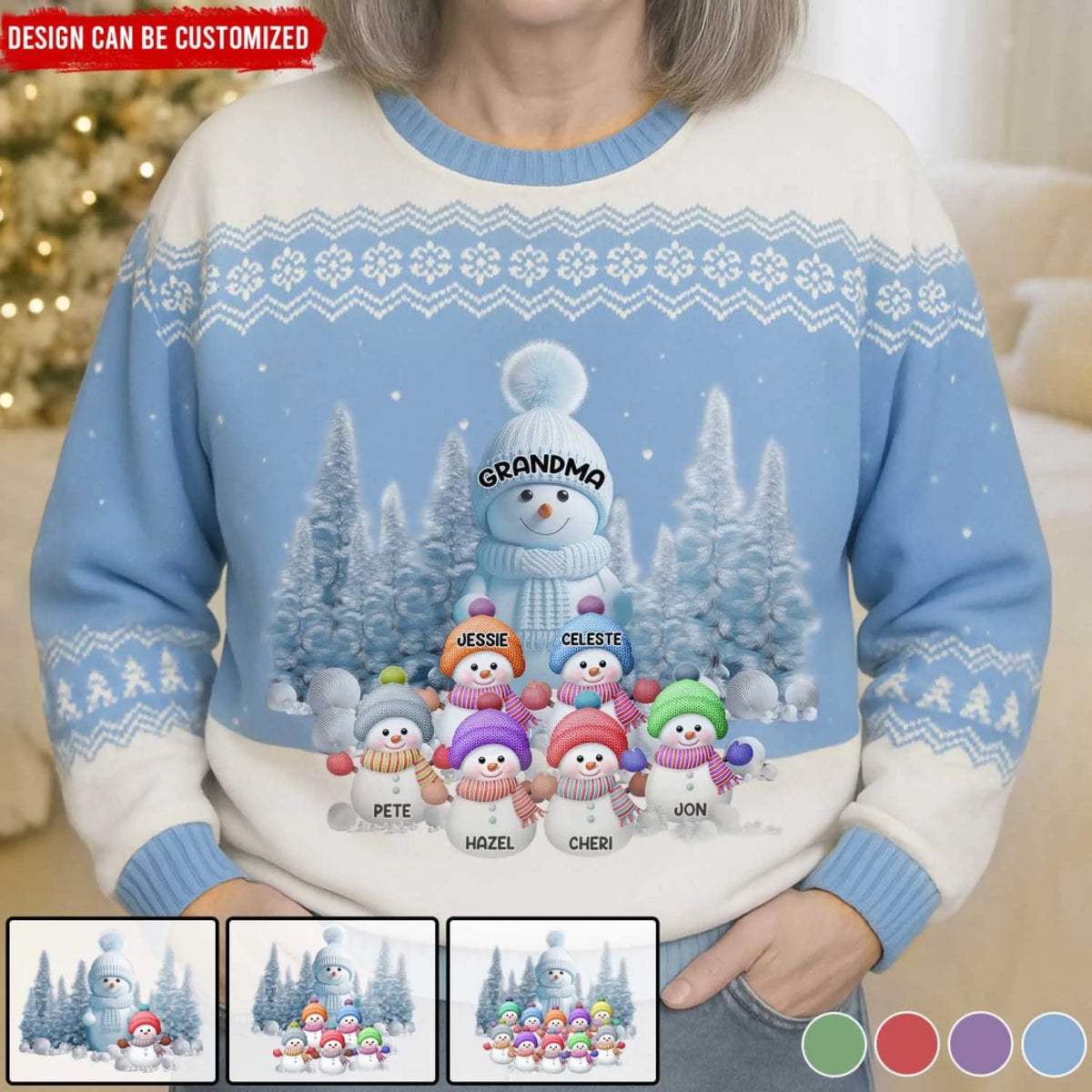 Christmas Snowman Grandma With Her Kids - Personalized Wool Sweater, All-Over-Print Sweatshirt, Custom Grandma/Mom Gift