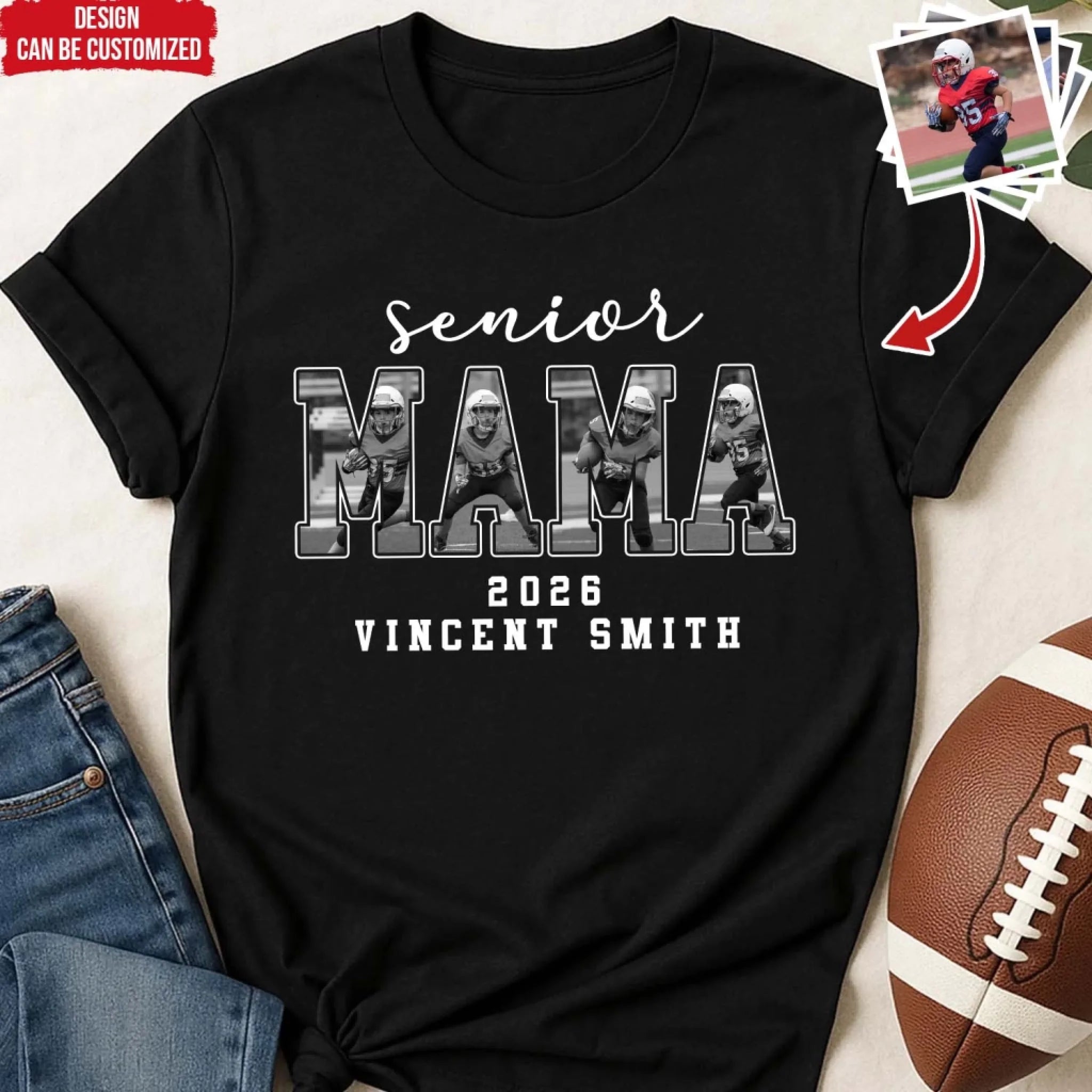 Senior Football Mama/Nana Custom Photo - Personalized T-shirt, Gift For Football Mom Or Grandma, Football Family Shirt