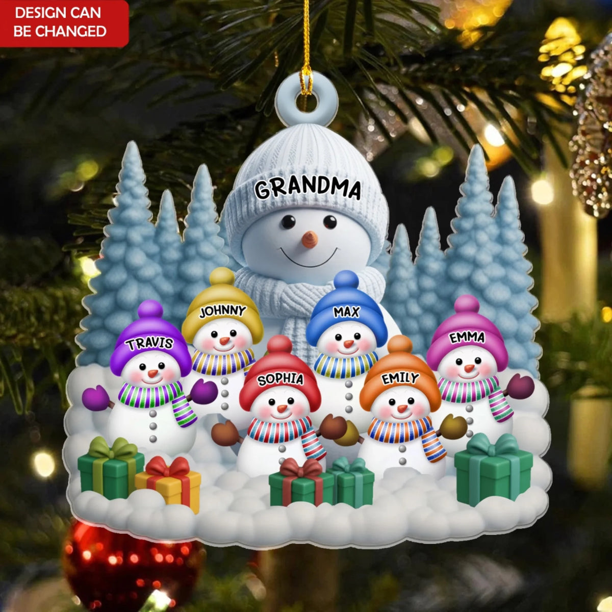 Grandma With Her Kids Snowman Christmas - Personalized Acrylic Ornament, Grandma/ Mom Gift