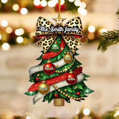 Baubles & Leopard Bow Family Tree - Personalized Acrylic Ornament, Family Gift