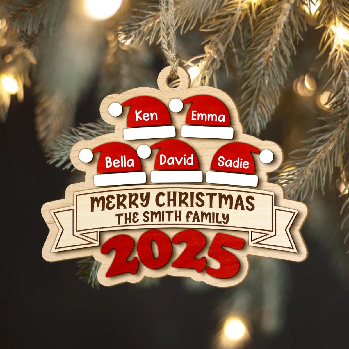 Merry Christmas Family Santa Hat - Personalized Wooden Ornament 2 Layer, Family Ornament